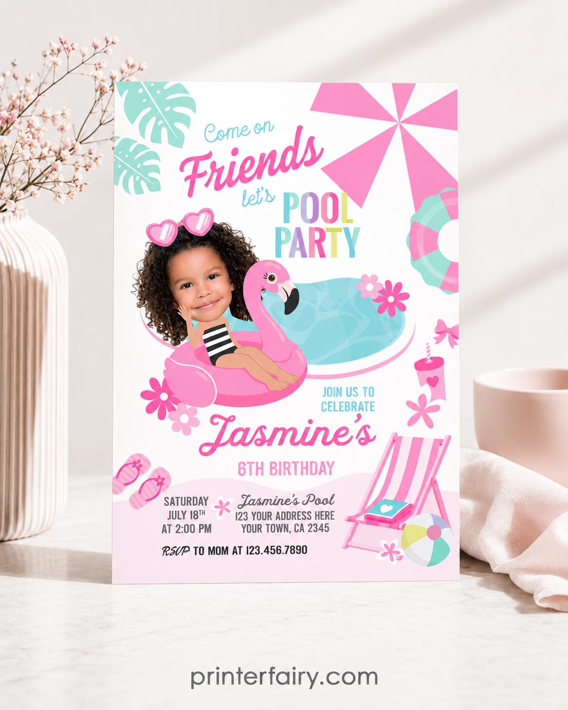 Pool Party Personalized Invitation with Photo for Girl Birthday (Instant Download)