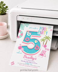 Girl Pool Party 5th Birthday Invitation Editable Pink Flamingo Unicorn Template, INSTANT DOWNLOAD