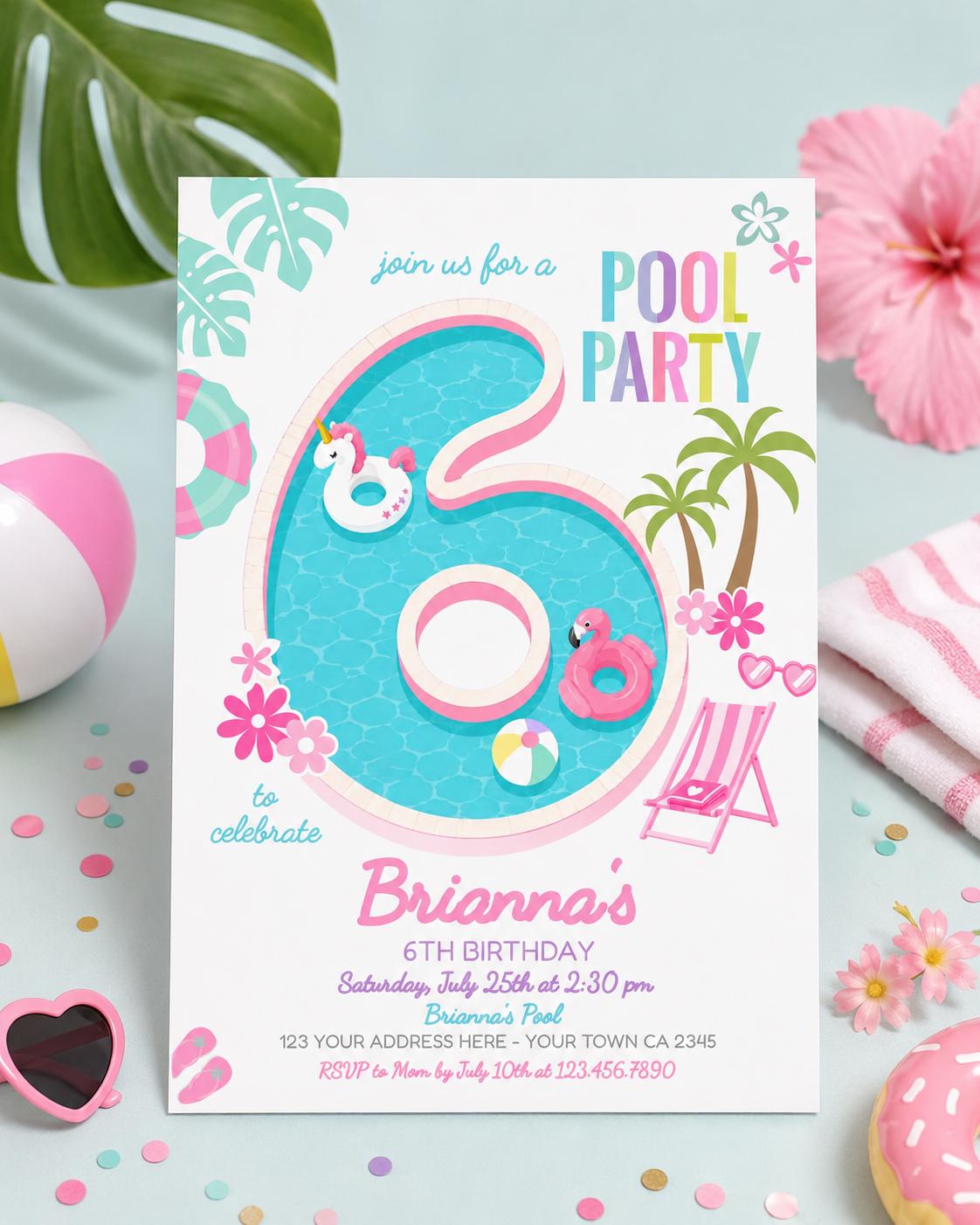 Pool Party Invitation for a 6th Birthday, Editable Template, Instant Download