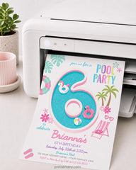 Pool Party Invitation for a 6th Birthday, Editable Template, Instant Download