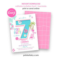 Pink Pool Party 7th Birthday Invite, Editable Unicorn Design, Instant Download