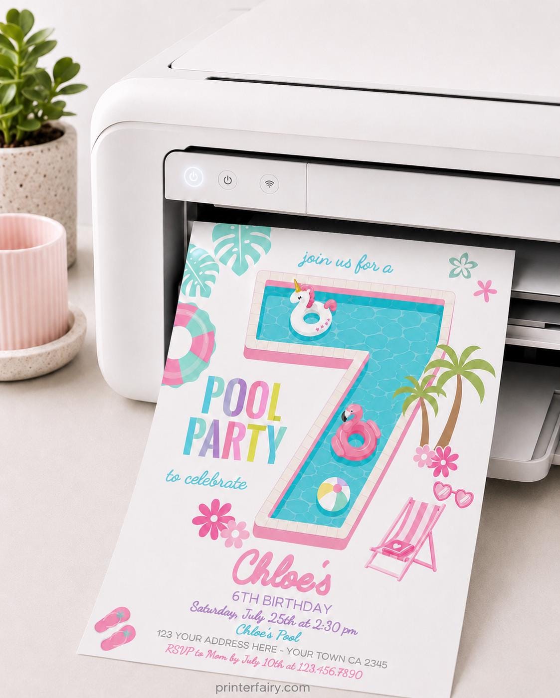 Pink Pool Party 7th Birthday Invite, Editable Unicorn Design, Instant Download
