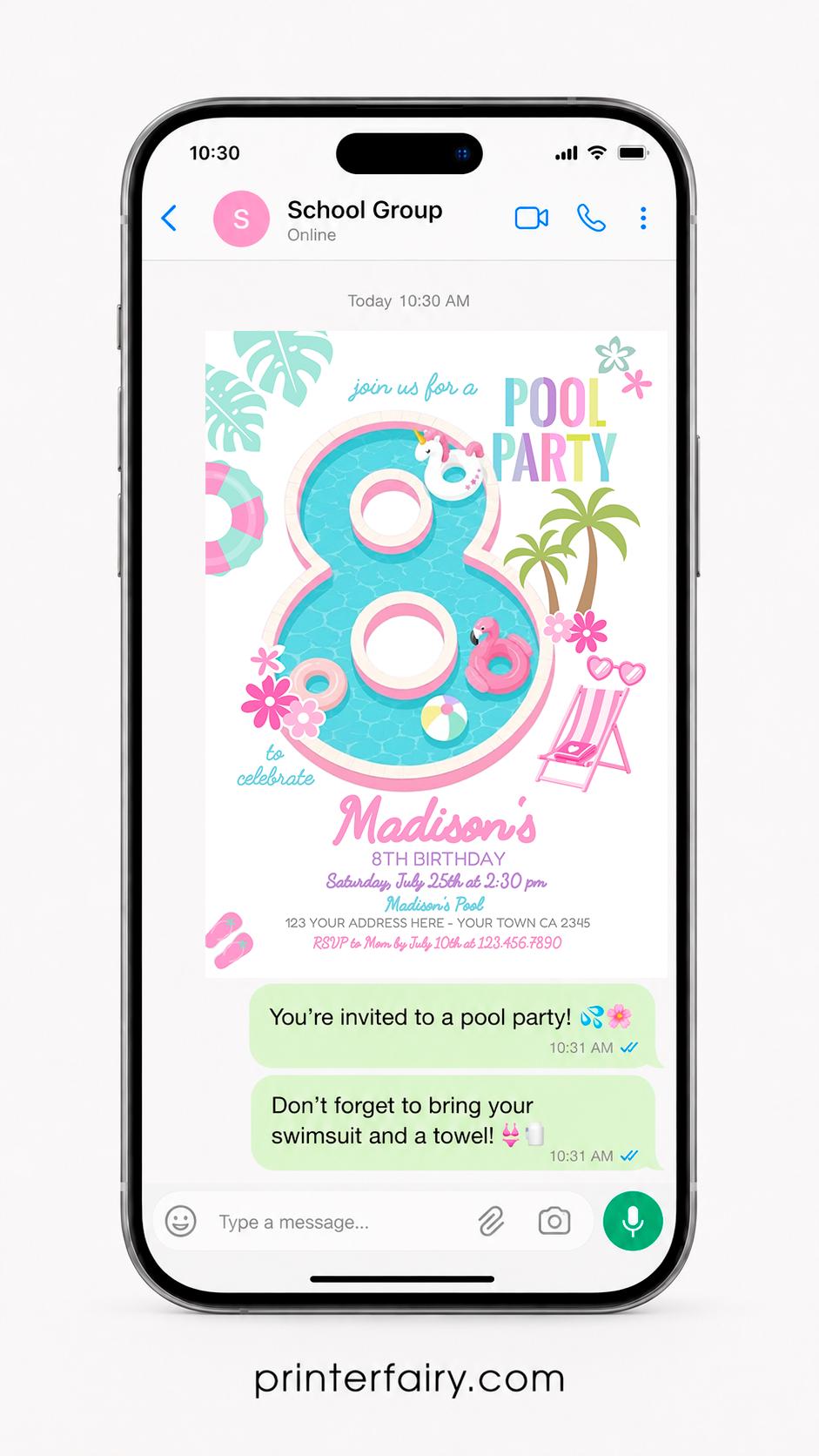 Editable Pool Party Invitation, Girl's 8th Birthday Summer Template, Instant Download