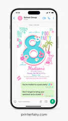 Editable Pool Party Invitation, Girl's 8th Birthday Summer Template, Instant Download