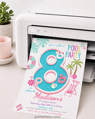 Editable Pool Party Invitation, Girl's 8th Birthday Summer Template, Instant Download