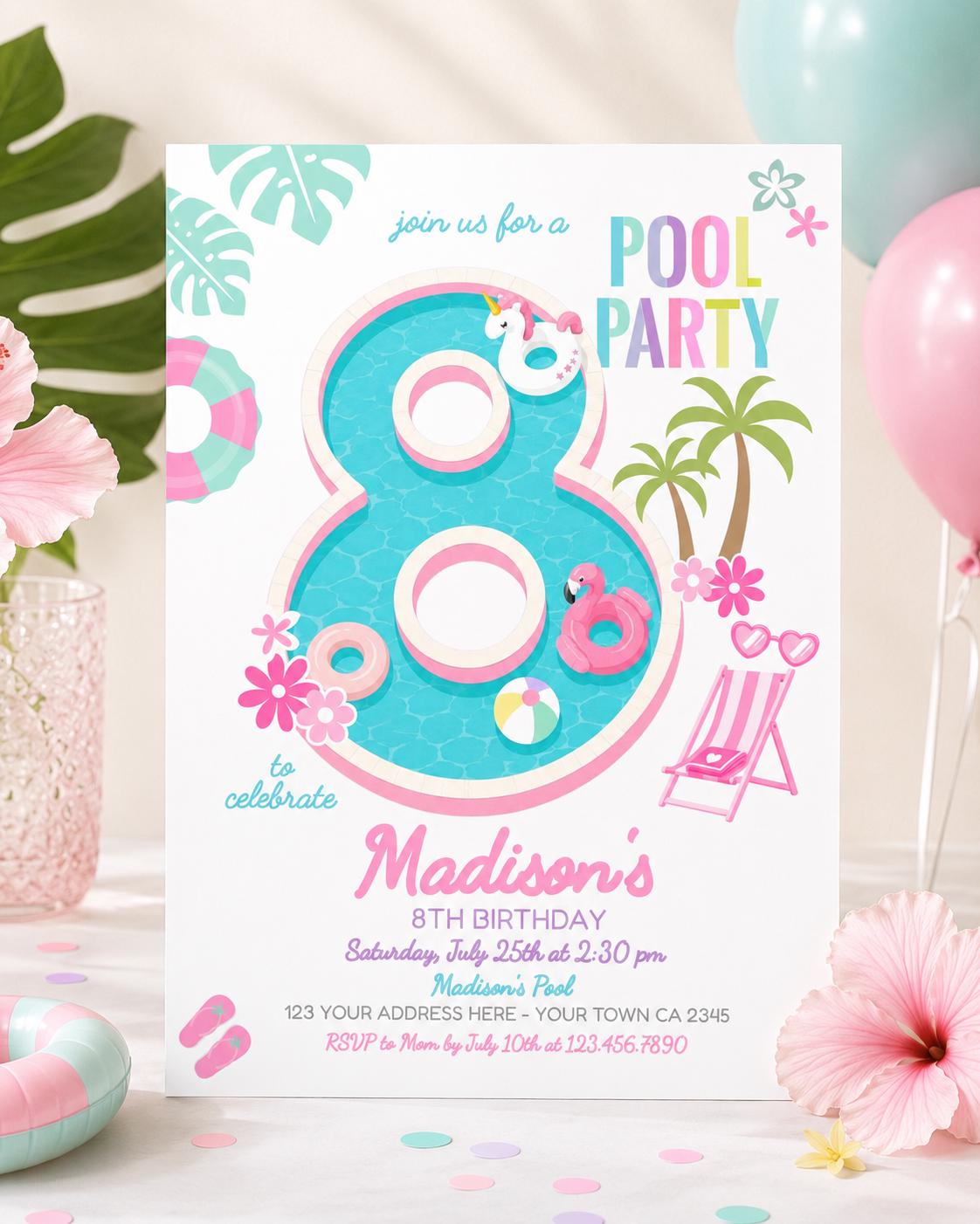 Editable Pool Party Invitation, Girl's 8th Birthday Summer Template, Instant Download