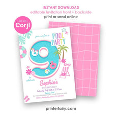 Girl Pool Party 9th Birthday Invitation Editable Pink Unicorn Flamingo Design, INSTANT DOWNLOAD
