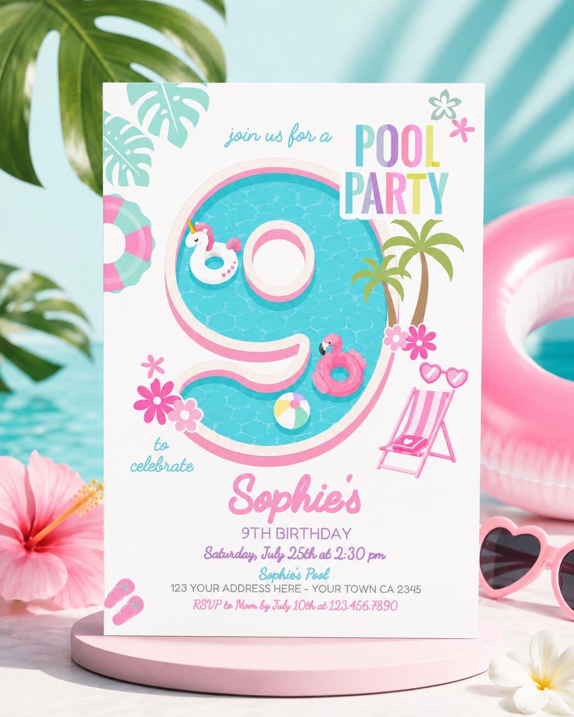 Girl Pool Party 9th Birthday Invitation Editable Pink Unicorn Flamingo Design, INSTANT DOWNLOAD