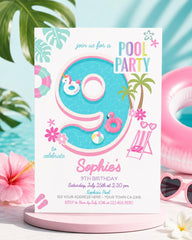 Girl Pool Party 9th Birthday Invitation Editable Pink Unicorn Flamingo Design, INSTANT DOWNLOAD