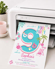 Girl Pool Party 9th Birthday Invitation Editable Pink Unicorn Flamingo Design, INSTANT DOWNLOAD