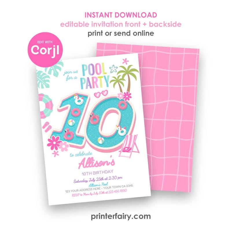 Pool Party Invite Girl 10th Birthday Editable Flamingo Unicorn Template, INSTANT DOWNLOAD