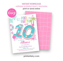 Pool Party Invite Girl 10th Birthday Editable Flamingo Unicorn Template, INSTANT DOWNLOAD