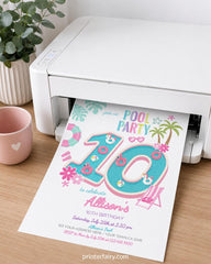Pool Party Invite Girl 10th Birthday Editable Flamingo Unicorn Template, INSTANT DOWNLOAD