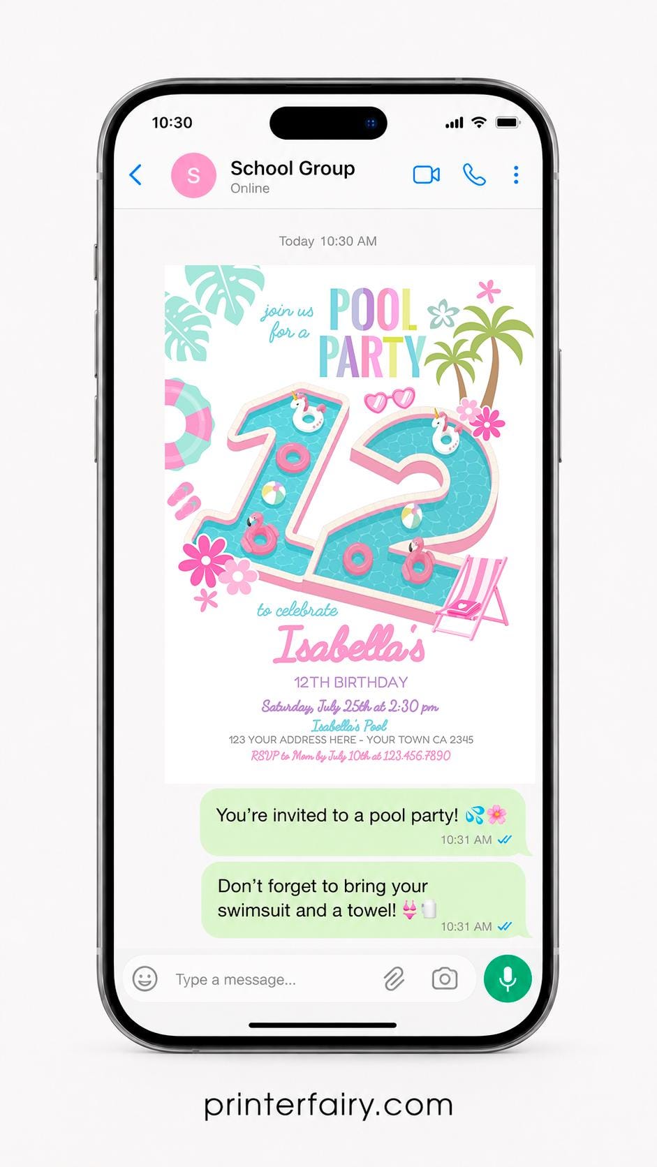 Pool Party Invite Template 12th Birthday Girl Party Template, INSTANT DOWNLOAD