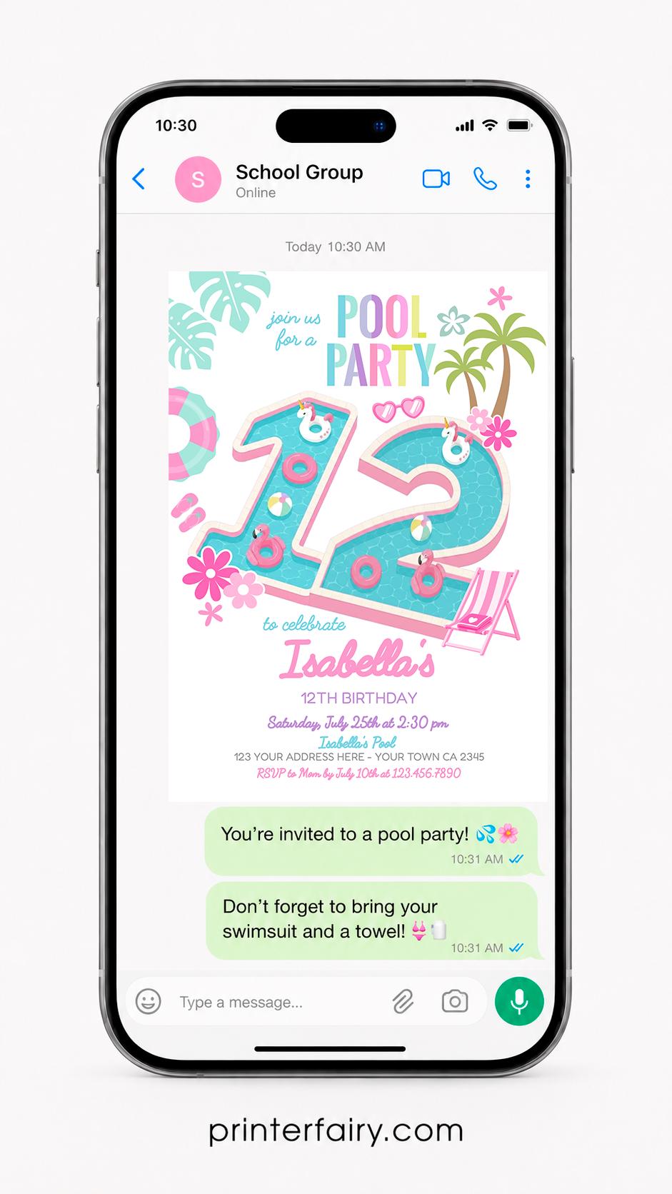 Pool Party Invitation, 12th Birthday Girl, Summer Splash Bash (Digital Download)