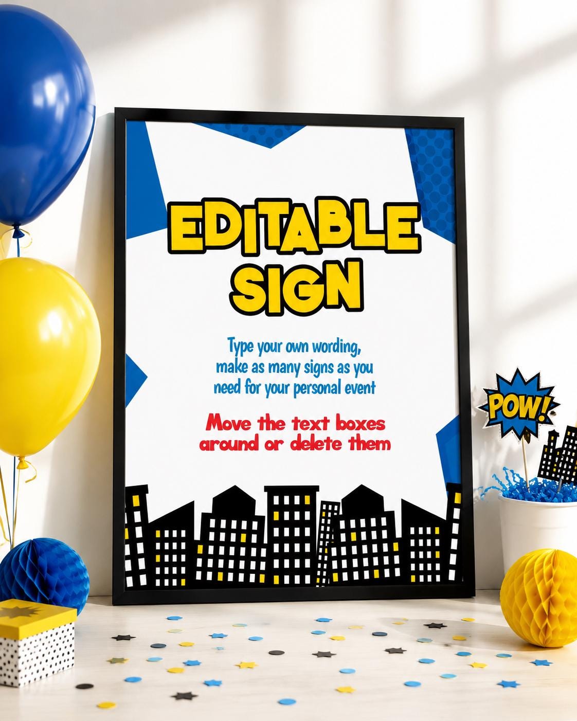 Superhero Birthday Party Sign Editable Template in two colors INSTANT DOWNLOAD