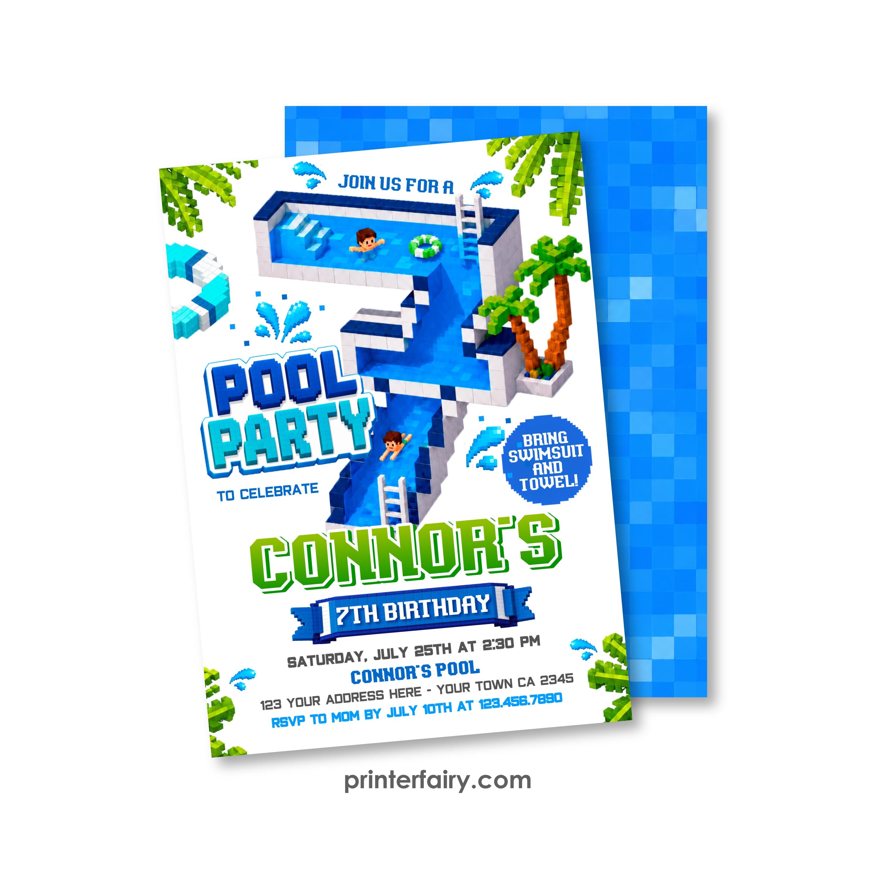 Pixel Pool 7th Birthday Party Invitation, Editable Video Game Invite Template, INSTANT DOWNLOAD