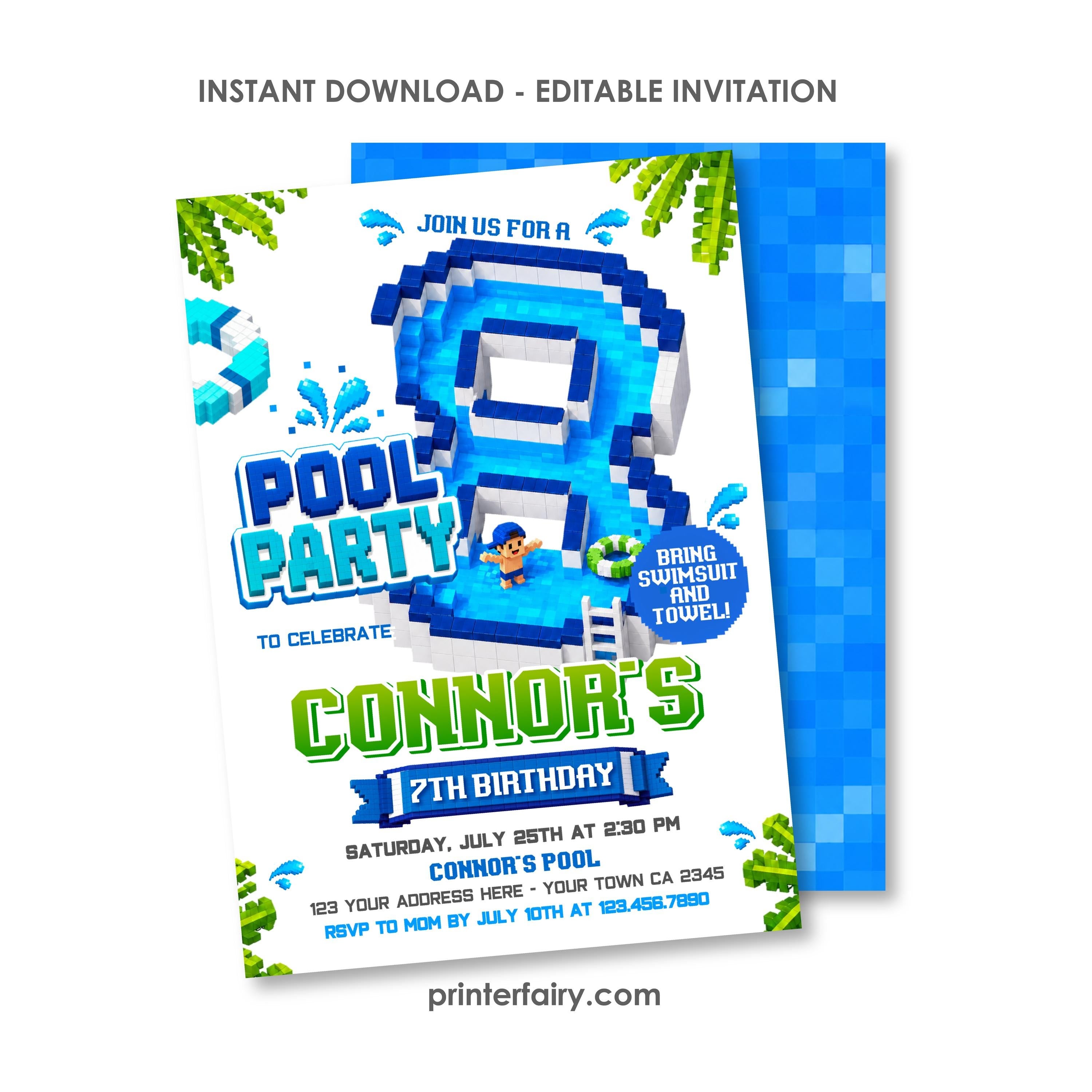 Boy Pool Party 8th Birthday Invitation, Editable Video Game Invite Template, INSTANT DOWNLOAD