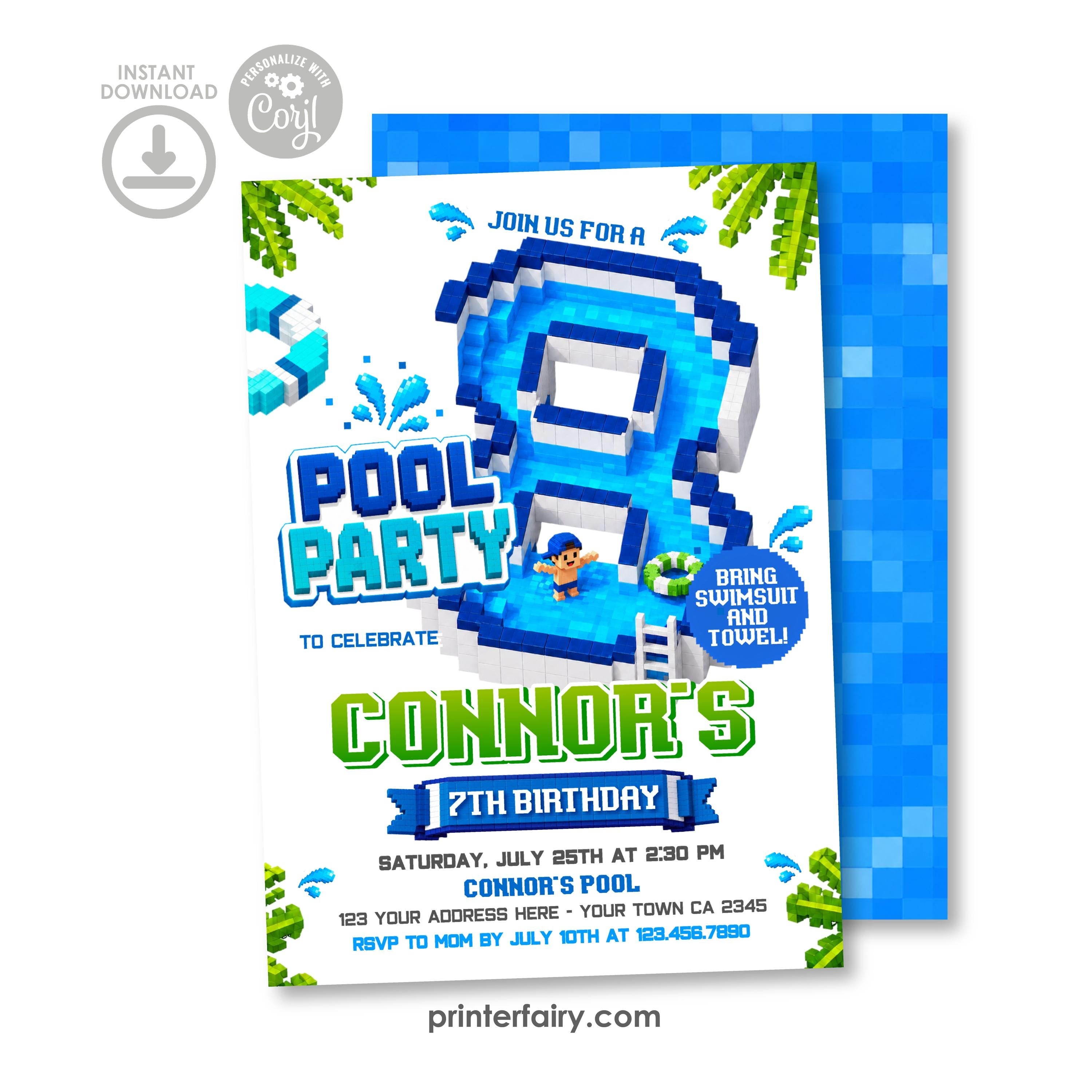 Boy Pool Party 8th Birthday Invitation, Editable Video Game Invite Template, INSTANT DOWNLOAD