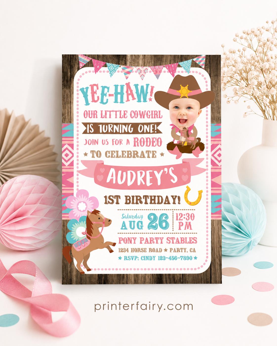 Cowgirl Birthday Invitation personalized with your photo for any age, Digital Printable