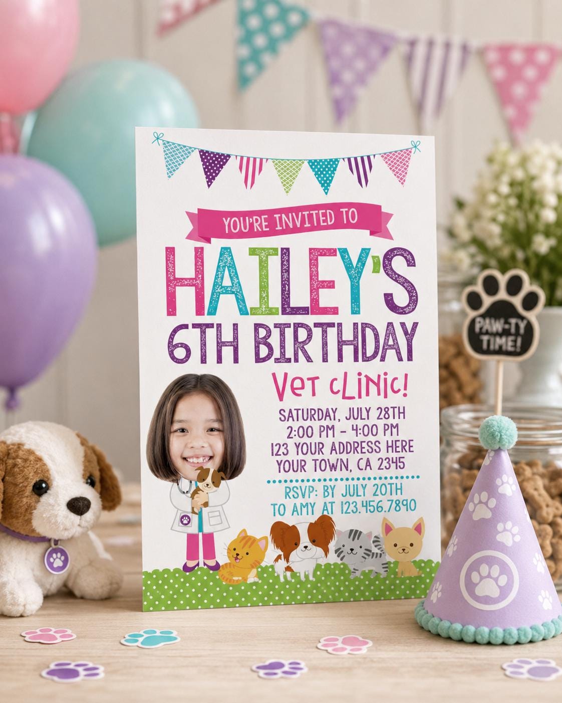 Puppies and Kitties Birthday Invitation, Vet Clinic, Photo (Digital)