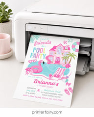 Pool Party Invitation Editable Template for Girl Birthday (Instant Download)