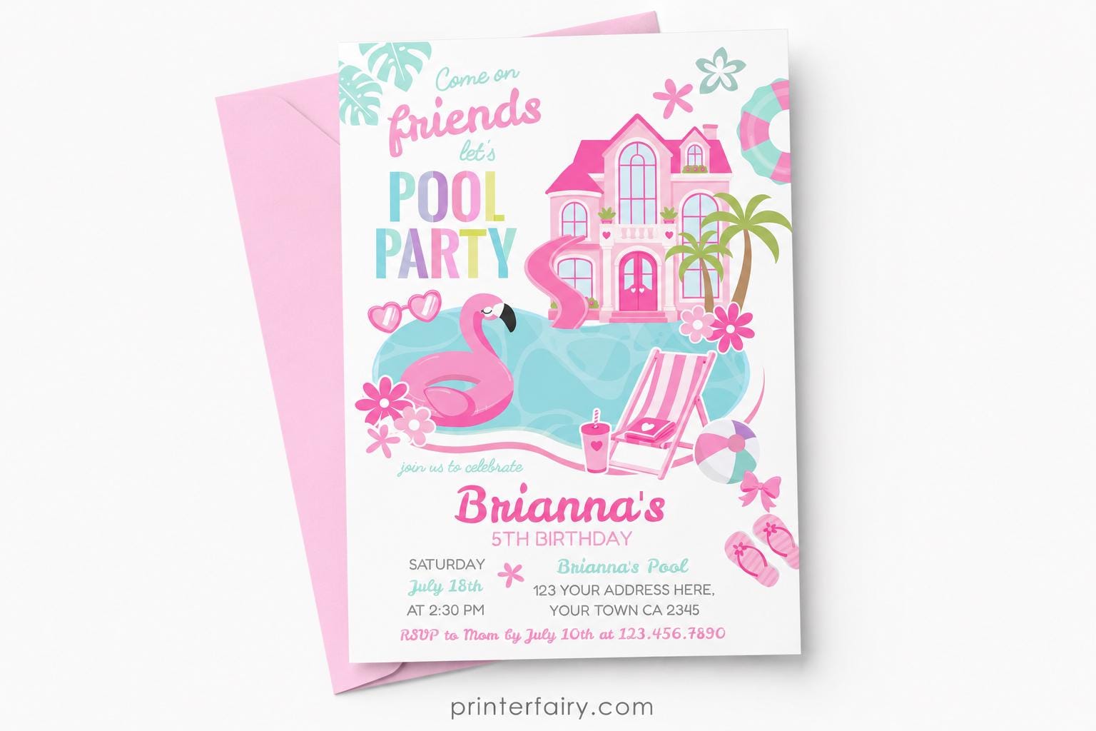 Pool Party Invitation Editable Template for Girl Birthday (Instant Download)