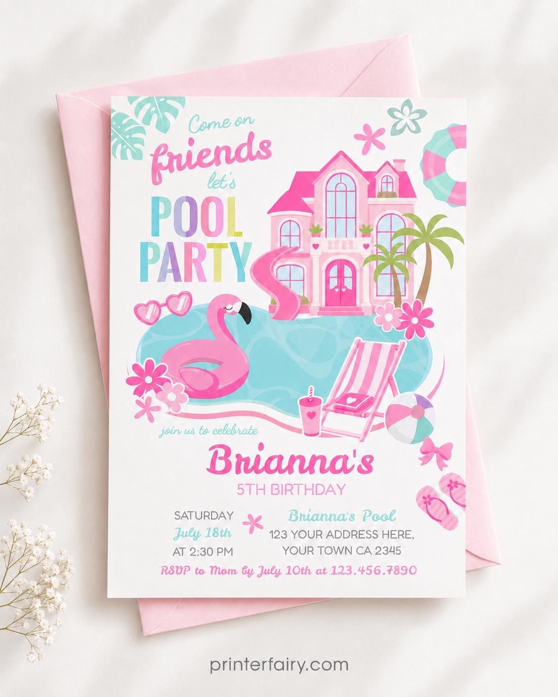 Pool Party Invitation Editable Template for Girl Birthday (Instant Download)