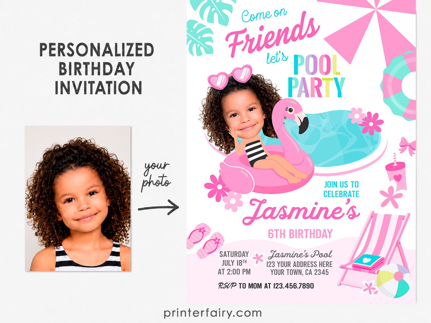 Pool Party Personalized Invitation with Photo for Girl Birthday (Instant Download)