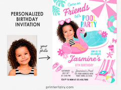 Pool Party Personalized Invitation with Photo for Girl Birthday (Instant Download)