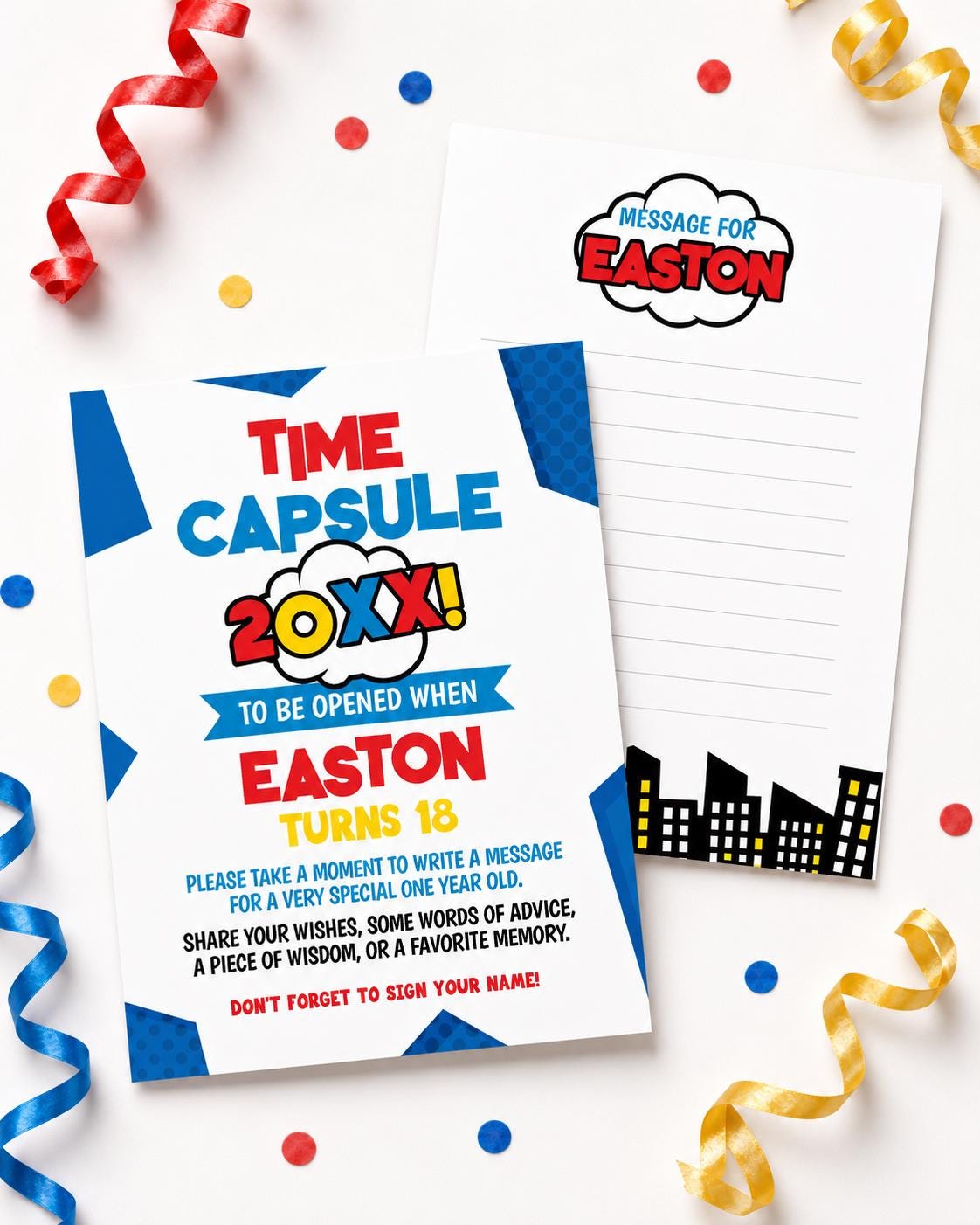 Superhero First Birthday Time Capsule, Editable Comic Party Game (Digital Download)