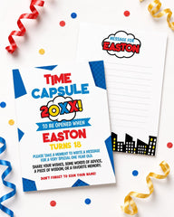 Superhero First Birthday Time Capsule, Editable Comic Party Game (Digital Download)