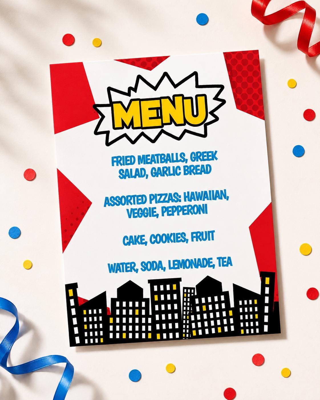 Superhero Birthday Party Menu Editable Sign Template, Instant Download