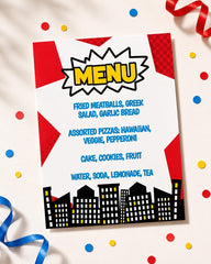 Superhero Birthday Party Menu Editable Sign Template, Instant Download