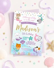 Meowmaid Birthday Invitation, Editable Mercat Kitty Party (Digital Download)