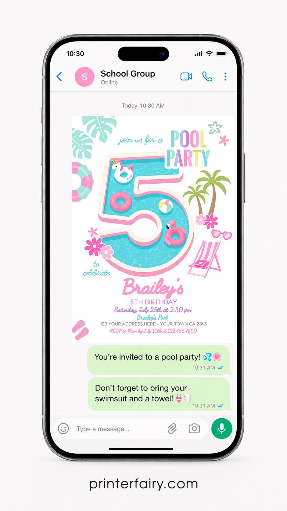 Girl Pool Party 5th Birthday Invitation Editable Pink Flamingo Unicorn Template, INSTANT DOWNLOAD