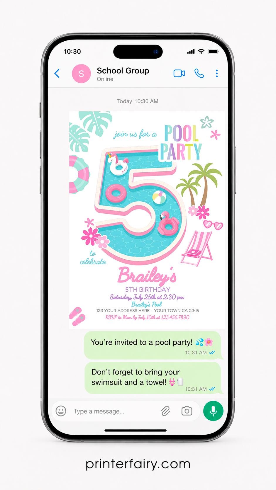 Girl Pool Party 5th Birthday Invitation Editable Pink Flamingo Unicorn Template, INSTANT DOWNLOAD