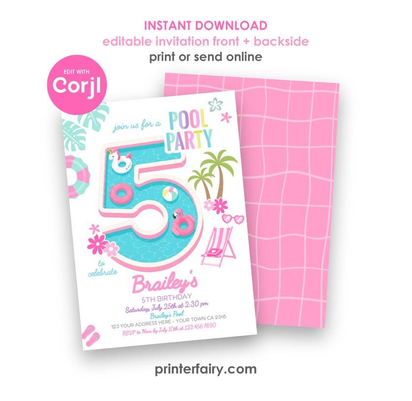 Girl Pool Party 5th Birthday Invitation Editable Pink Flamingo Unicorn Template, INSTANT DOWNLOAD