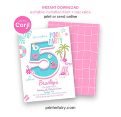 Girl Pool Party 5th Birthday Invitation Editable Pink Flamingo Unicorn Template, INSTANT DOWNLOAD
