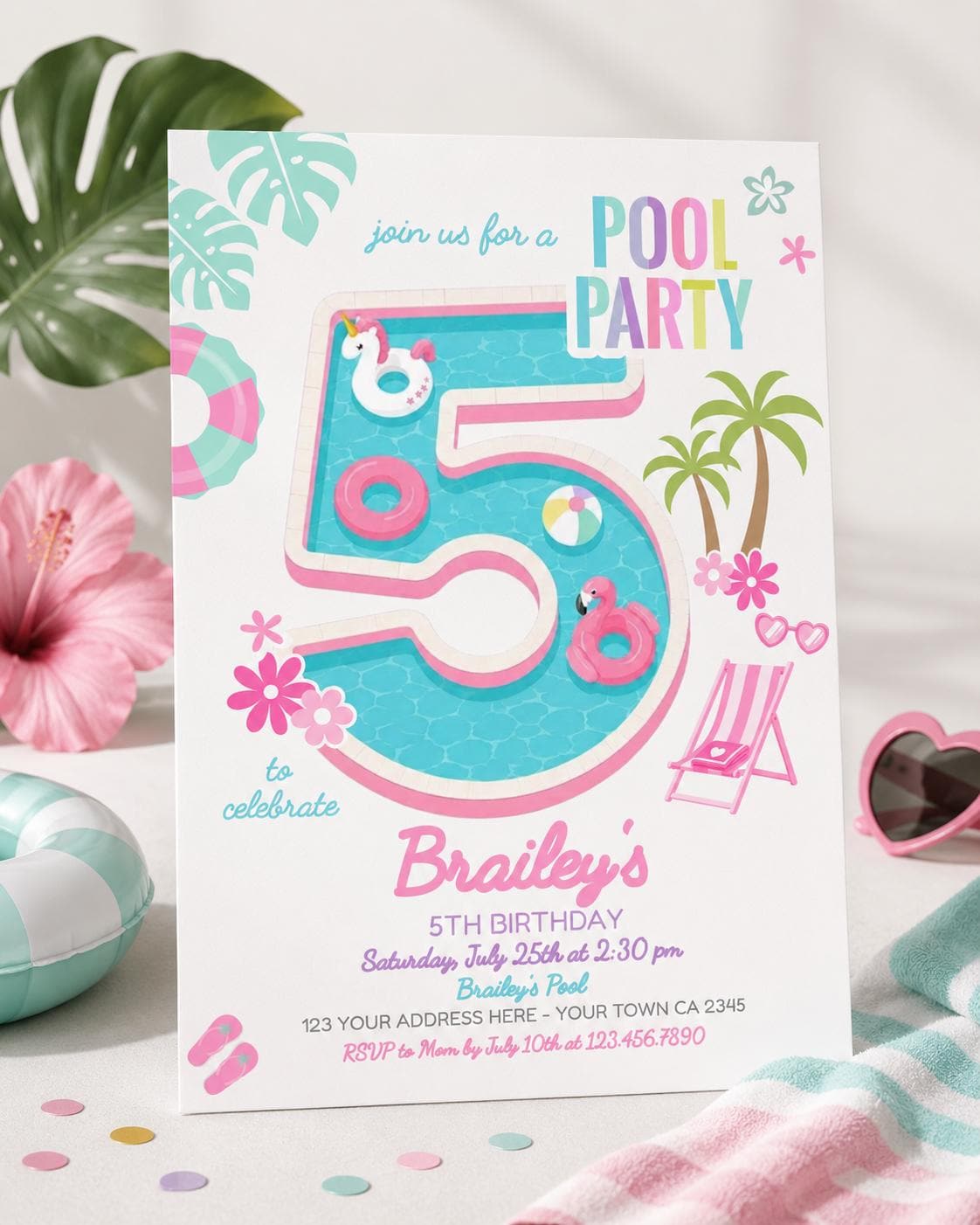 Girl Pool Party 5th Birthday Invitation Editable Pink Flamingo Unicorn Template, INSTANT DOWNLOAD