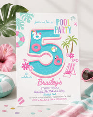 Girl Pool Party 5th Birthday Invitation Editable Pink Flamingo Unicorn Template, INSTANT DOWNLOAD