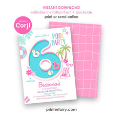 Pool Party Invitation for a 6th Birthday, Editable Template, Instant Download