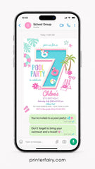 Pink Pool Party 7th Birthday Invite, Editable Unicorn Design, Instant Download