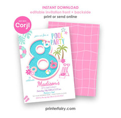 Editable Pool Party Invitation, Girl's 8th Birthday Summer Template, Instant Download