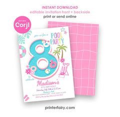 Editable Pool Party Invitation, Girls 8th Birthday Summer Template, Instant Download