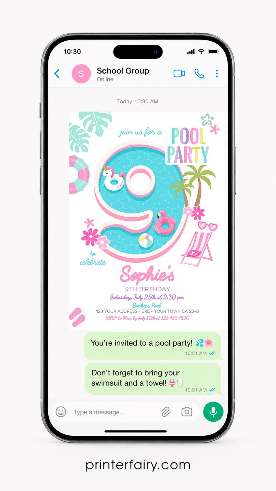 Girl Pool Party 9th Birthday Invitation Editable Pink Unicorn Flamingo Design, INSTANT DOWNLOAD