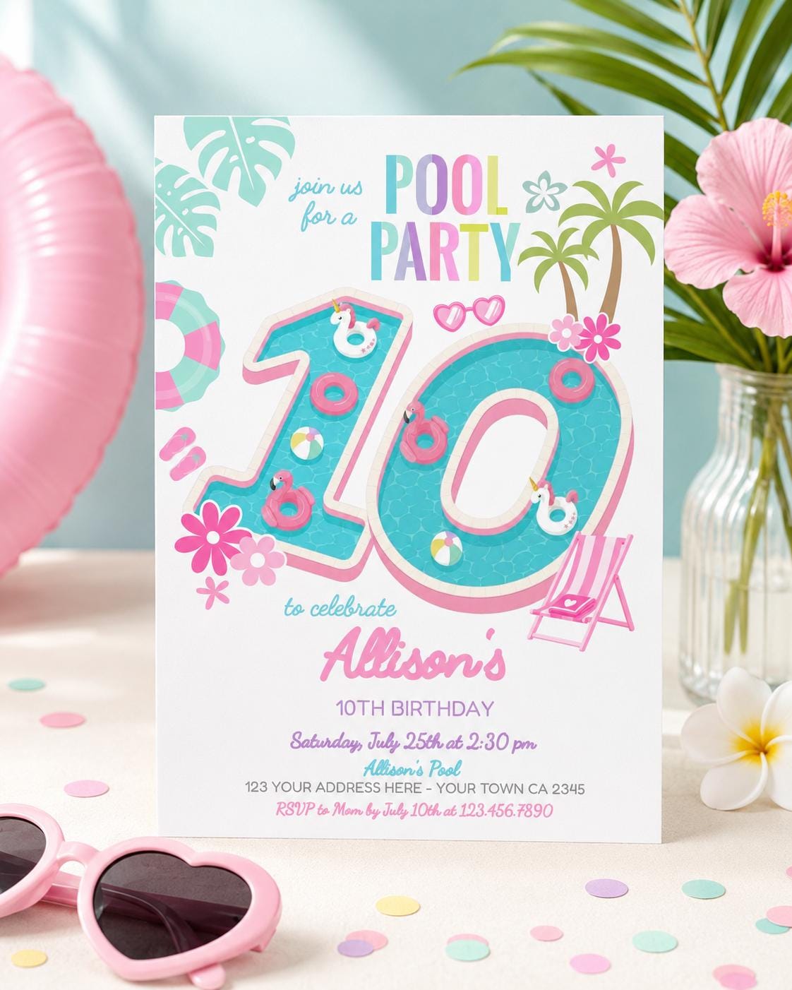 Pool Party Invite Girl 10th Birthday Editable Flamingo Unicorn Template, INSTANT DOWNLOAD