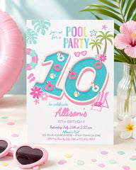 Pool Party Invite Girl 10th Birthday Editable Flamingo Unicorn Template, INSTANT DOWNLOAD