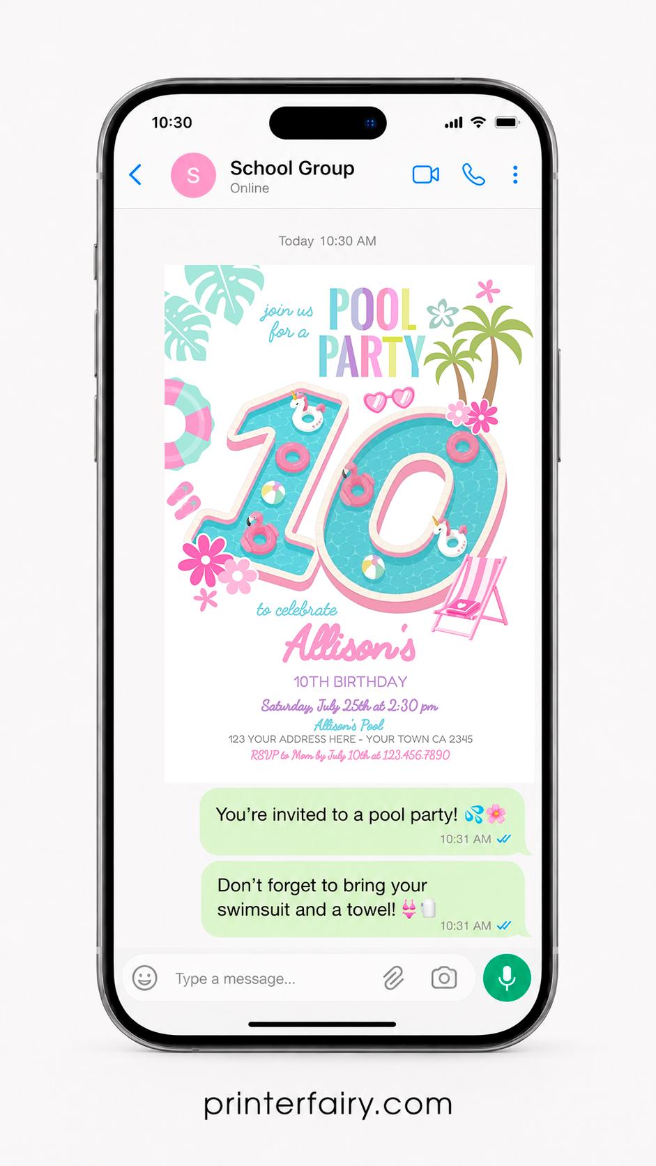 Pool Party Invite Girl 10th Birthday Editable Flamingo Unicorn Template, INSTANT DOWNLOAD