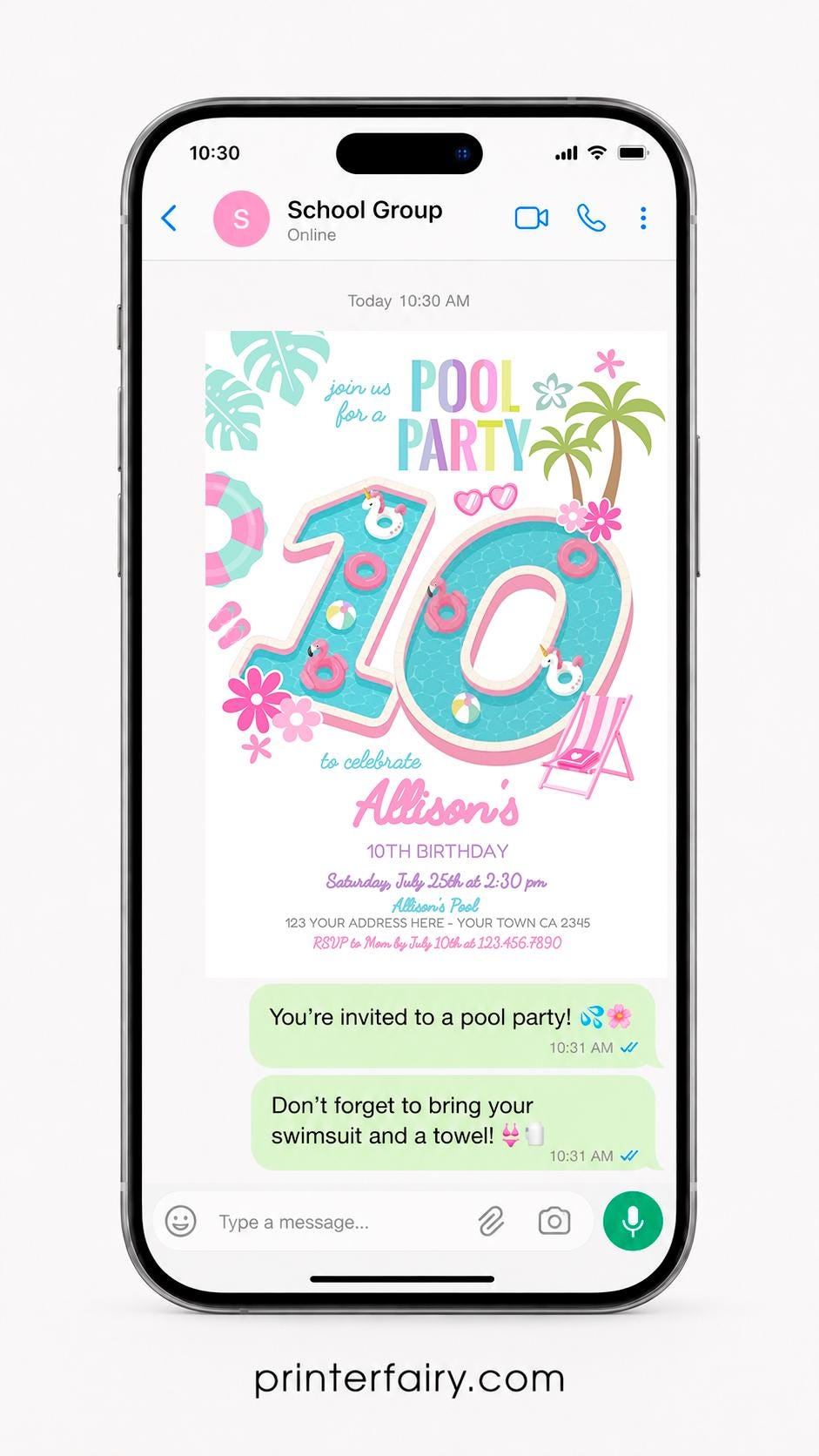 Pool Party Invite Girl 10th Birthday Editable Flamingo Unicorn Template, INSTANT DOWNLOAD